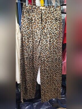 Metallic Stretch Leopard Print Wide-Leg Women's Pants - Gold Tone